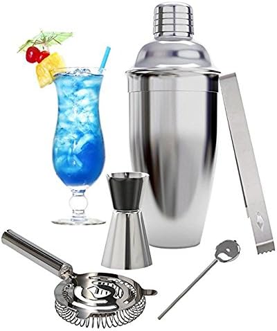 Cocktail Shaker Bar Set, INKERSCOOP 18 Ounces Martini Kit 5 Pieces Stainless Steel Bartender Tools Accessories with Measuring Jigger Mixer Ice Strainer Gifts Set - Silver