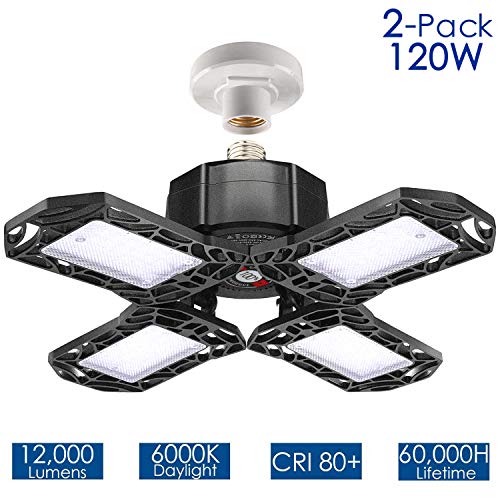 2-Pack LED Garage Lights 120W - Garage Lighting, 12000LM 6000K LED Four-Leaf Garage Ceiling Light Fixtures with Adjustable Multi-Position Panels, LED Light for Garage, Workshop, Warehouse