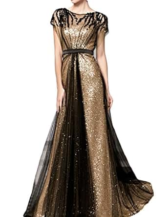 Amazon.com: HIDRESS Long Sequin A-line Evening Dress Cap ...