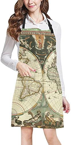 Vintage Old World Map Adjustable Kitchen Chef Bib Apron with Pocket for Cooking, Baking, Crafting, Gardening