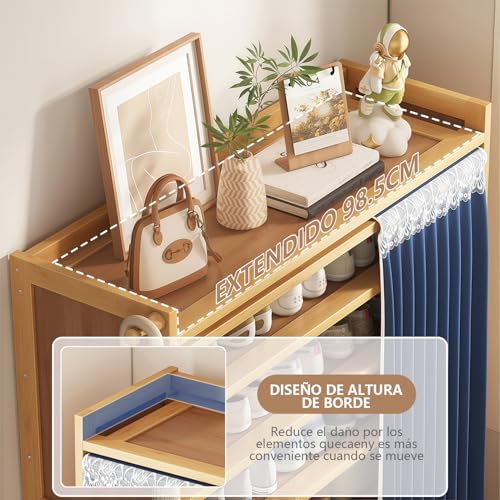 Zapatera Organizador, 6 Niveles 30 Pares de Armario de Almacenamiento de Zapatos, Zapatero con Cortinas, Zapatero de Bambú para Entrada, Vestíbulo y Pasillo