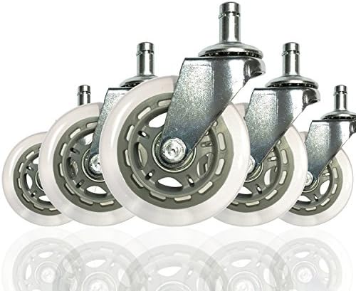 (SET OF 5) Office Addiction - Rollerblade Office Chair Replacement Wheels - Hardwood Safe 3-Inch Heavy Duty Replacements - Ball Bearing Swivels - Floor Safe Design - Silver/Clear