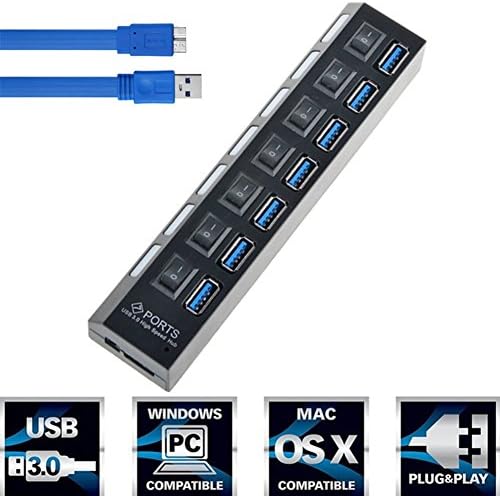 7 Port USB 3.0 Hub High-Speed 5Gbps Data Transfer Ports Splitter AC Power Adapter with On/Off Switches and LEDs 2ft USB Data Cable for MacBook Pro Laptop, iPhone, iPad, Samsung and More(7port)