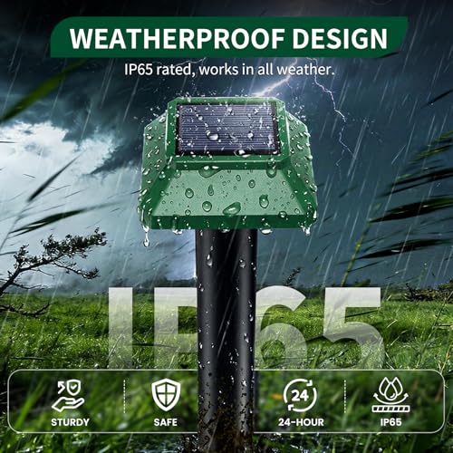 Solar Powered Animal Deterent, Ultrasonic Animal Control Device with Motion Sensor and FIashing Light, Waterproof Outdoor Animal Repellent for Deer Squirrel Raccoon Cat Bobcats, Frequency 18kHZ