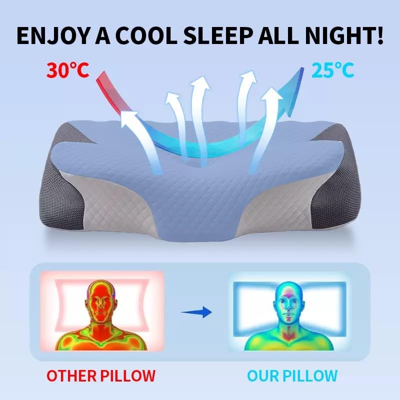 vicihoho Ergonomic Cervical Pillow, Neck and Shoulder Pillow, Suitable for Different Sleeping Postures, Size: 60 x 41 x 9/12 cm (Light Grey)