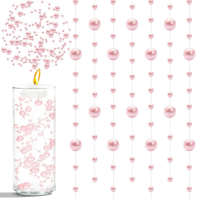 Cusmation 50pcs Pearls String Beads of Pearls, 10+5mm Pink Artificial Pearl String for Floating Candles Centerpieces, Vase Filler, Wedding Centerpiece Christmas Party Decor