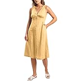 Amazhiyu Womens 100% Linen V Neck Sleeveless Button Down Midi Dress with Pockets Yellow, X-Large