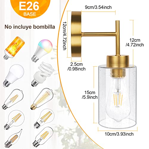 Lámpara De Pared Interior, JSXing Apliques De Pared Con Pantalla De Vidrio Transparente, Lampara De Pared Para Baño, Dormitorio, Espejo, Sala De Estar,E26 Base (Oro-2 piezas)