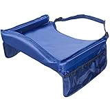 Kids Car Tray for Eat and Play by BUENAVO, 16”x 13”Waterproof Travel Organizer Tray with Large Mesh Side Pockets & Water Bottle Holder. 100% Safe (Blue)