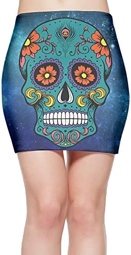 Dia De Los Muertos Sugar Skull Women's Bodycon Mini Knit Basic Stretch Short Pencil Skirt XL