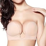 Strapless Bra Deep U-Shaped Self Adhesive Push Up Bra for Women Reusable Silicone Bra, CUPB,SKIN