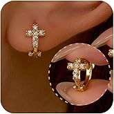 Small Gold Hoop Earrings for Women 14K Gold Plated Hoops Tiny Hypoallergenic Cubic Zirconia Cartilage Huggie Hoop Cross Earrings for Women