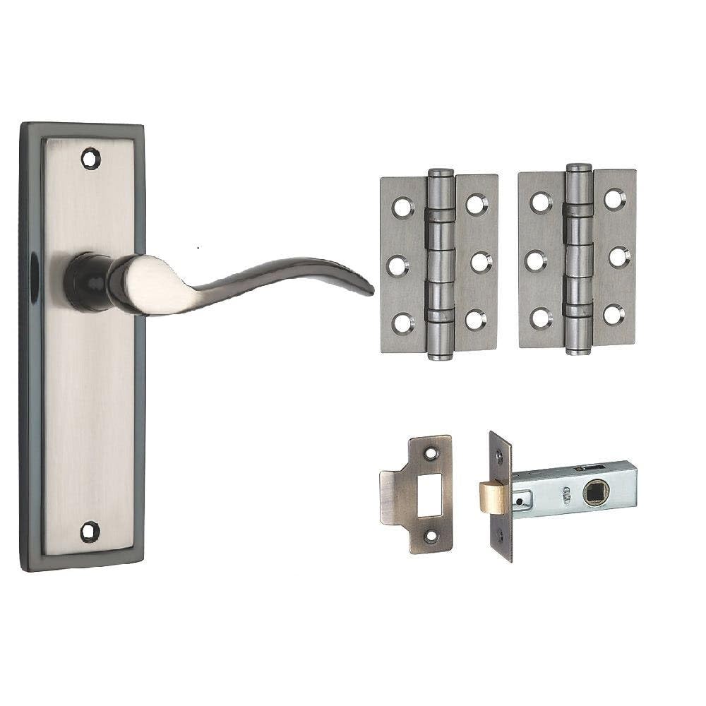 Designer Levers - Berkeley Modern Design Lever Door Handle - 64mm Tubular Latch and 76mm Ball Bearing Hinges Included - Dual Finish Black and Satin Nickel - Interior Use