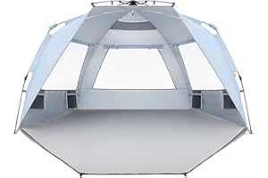 Easthills Outdoors Instant Shader Enhanced Deluxe XL Beach Tent Easy Setup 4-6 Person Popup Sun Shelter 99" Wide for Family UPF 50+ Double Silver Coating with Extended Zippered Porch Sky Blue