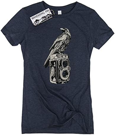 Women's Crow and Rolleiflex Wandering Ink Super Soft Hand Printed Tee Shirt (X-Large, Heather Navy)