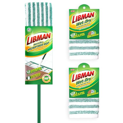 Libman Wet & Dry Microfiber Mop Kit Plus Refills | Dust Mop for Hardwood Floors | Wall Mop | Mops for Floor Cleaning | 3 Total Microfiber Mop Pads Included | 1 Handle & Base