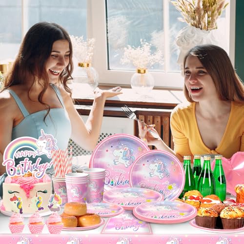 Unicorn Supplies Birthday Party - 130 Pieces Kit Unicorn Birthday Plates Unicorn Cups Napkins Table Cloth Banner etc Party Supplies Theme