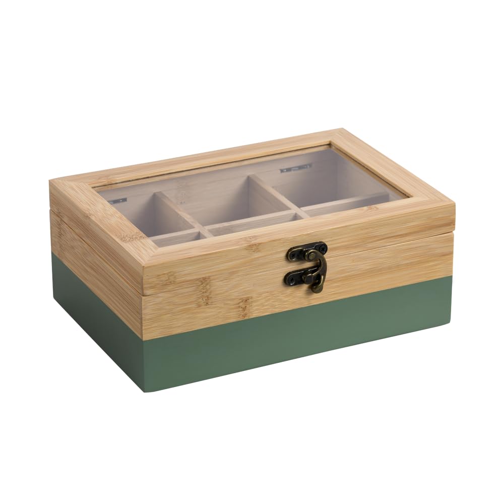 Kesper® | Tee-Box, Material: FSC®-zertifizierter-Bambus – 6 Fächer – mit Sichtfenster & Retro-Verschluss – Teebox zur Aufbewahrung, Maße: 21,5x15x8,5 cm – ohne Tee, Farbe: Grün-Natur | 58941 2