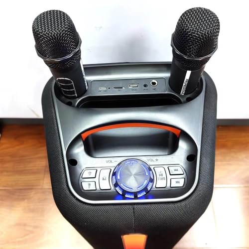 Caixa de Som Portátil 100W RMS Graves Potentes RGB Bluetooth 5.3, USB e AUX, Bateria Longa Duração com 2 Microfones sem Fio para Festas, Viagens, Karaoke e Uso Externo