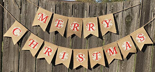 Merry Christmas Snowflake Burlap Banner - Ready to Hang Holiday Decor - Festive Christmas Seasonal Winter Decoration - Xmas Party Photo Prop Decorations - Rustic Bunting Garland by Jolly Jon Â®