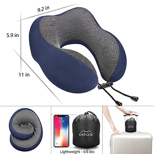 OYRGCIK Travel Pillow, 100% Pure Memory Foam Neck Pillow, Soft & Breathable Cotton Cover, Machine Washable Airplane Travel Kit U Shaped Pillow with 3D Contoured Eye Mask, Earplugs, Travel Bag, Blue