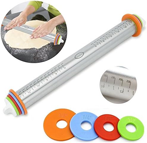 Guzack Rolling Pin Non-stick Stainless Steel Spacers for Baking With 4 Adjustable Thickness Guide Rings Removable Dough Roller For Pasta,Cookie Dough,Pastry,Bakery,Pizza,Dishwasher Safe (17 Inch)