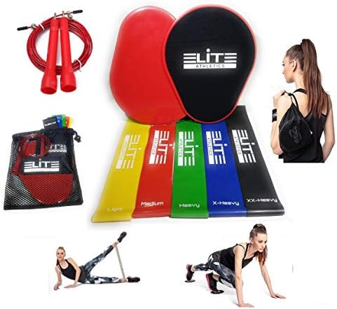 Gliding Discs Core Sliders Set of 2 and Exercise Resistance Bands of 5 with Speed Jump Rope and Carry Bag for Intense Low-Impact Exercises to Strengthen Core Glutes Abs, Elite Athletic Set
