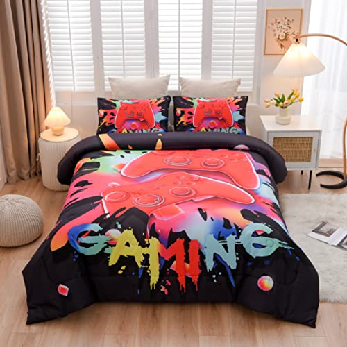Aimuan Gaming Comforter Sets for Boys Kids Bedding Sets Video Games Console Action Buttons Novelty Colorful Game Gamepad Controller Modern Gamer Room Decor Home Quilt Set (Queen, Black)