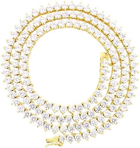 JuwlCity Mens One Row Lab Simulated Diamond 3 MM Thick 3 Prong Stone Tennis Necklace Chain 18-36 Inches Silver Gold Black Pink Yellow