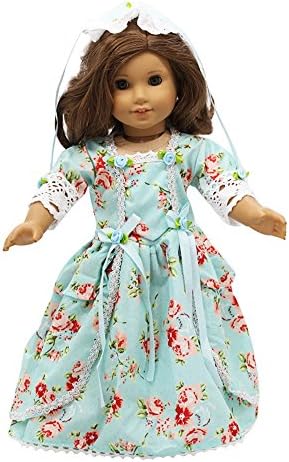Youtop Retro Duchess Royal Gown Long Dress with Headdress Flower Fits for 18 Inch American Girl Dolls - Floral Azure