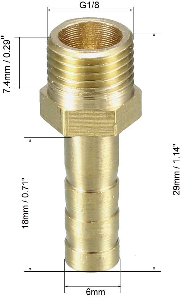 sourcing map Brass Barb Hose Fitting Connector Adapter 6mm Barbed X G1/8 Male Pipe 5pcs, Gold, 6mm x G1/8, 5 Pack - Image 3