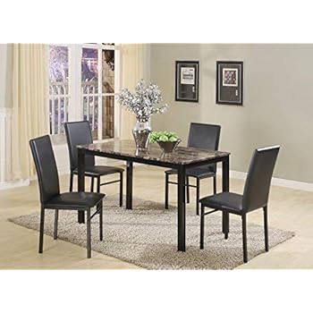 Roundhill Furniture 5 Piece Citico Metal Dinette Set with Laminated Faux Marble Top, Black