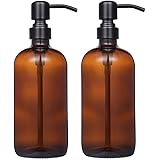 2 Pack Thick Amber Glass Pint Jar Soap Dispenser with Matte Black Stainless Steel Pump, 16ounce Boston Round Bottles Dispense