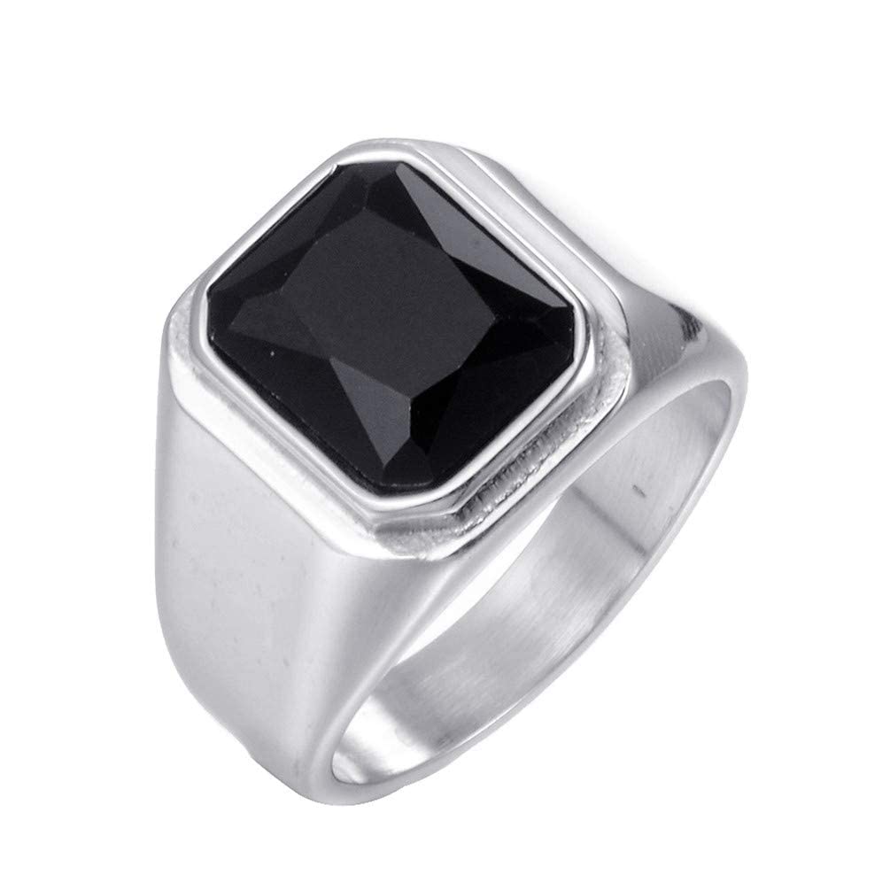PMTIER Men's Stainless Steel Gold/Silver/Black Plated Ring with Square Gemstone Multicolor Stone, Metal
