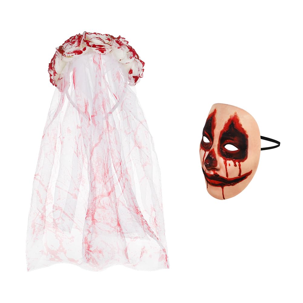 IBLUELOVER Ghost Bride Costume Set with Blood Veil Headband & Bleeding Mask - Creepy Floral Gothic Hair Hoop & Face Costume Set, Realistic Splatter Gothic Wedding Accessories for Halloween