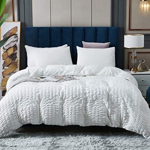 White Seersucker Duvet Cover King Size, 100 Soft Washed Microfiber 3