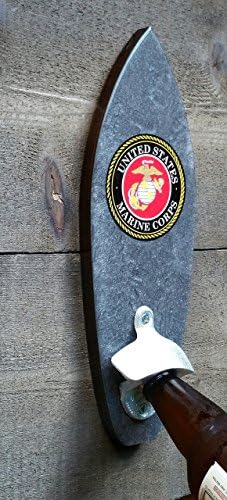 Laguna Beach Surfboards - Handmade Wall Mounted Decor Bottle Opener in Metallic Grey with United States Marine Corps Decal Sticker