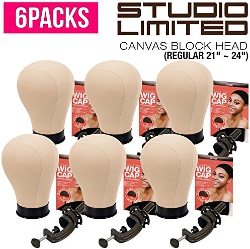 (6 PACKS) Studio Limited Wig Display Mannequin Canvas Block Head, Wig Display Head 21"~24", with Free Clamp and Free Wig Caps (21")