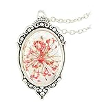 FM42 Vintage Style Red Dried Flowers Encased in Simulated Resin Oval Pendant Necklace FN2037