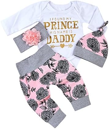 4Pcs Baby Girls Bronzing Letters Romper+Floral Long Pant+Hat+Headband Christmas Clothes (6-12Months, B)