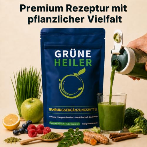 Green Detoxification Powder, 200 g Superfood Helper Powder with Spirulina, Barley Grass, Chlorella, Inulin, Choline, Probiotics & Blueberry for Digestion, Energy Metabolism, Fat Metabolism & Liver
