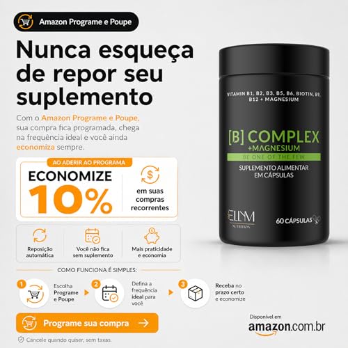 Vitaminas Complexo B e Magnésio 60 Capsulas Ellym Nutrition 2 Meses Biotina Metilfolato Metilcobalamina B1 B2 B3 B4 B5 B6