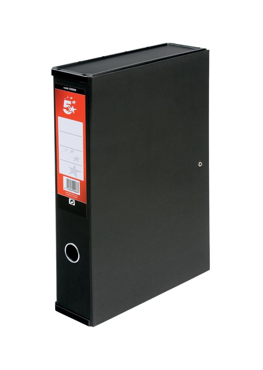 5 Star Office Box File Lock Spring with Ring Pull and Catch 75mm Spine Foolscap Black [Pack 5]