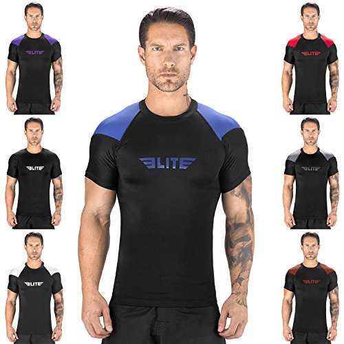 Elite Sports New Item Standard Short Sleeve Compression, MMA, BJJ, No-Gi, Cross Training Rash Guard (Blue, Small)