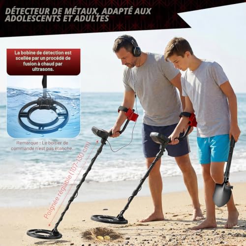 Professional Metal Detector, 5 Detection Modes IP68 Waterproof Search Disc 10 Inches, Adjustable Rod from 42.1 Inches to 52 Inches with Backlit LCD Screen Suitable for Adults and Children - Red