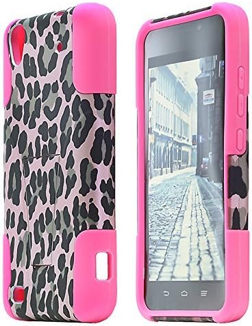 For ZTE Quartz Z797C / ITUFFY 2 items: Stylus Pen + Dual Layer Impact Resistance Plastic Cover Soft Rubber KickStand Hybrid Case (Pink Leopard - Hot Pink)