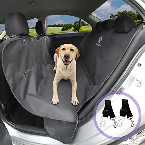 Dog Car Seat Cover - Improved Design to give your Pet the Best- Hammock Style Protects your Back Seat from Dirt and Fur- Premium Durable Waterproof Polyester- Black- BONUS 2 Safety Dog Seat Belts