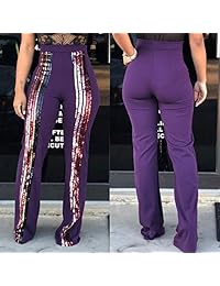 Pantalones de dama con lentejuelas de rayas, cintura alta, pierna ancha, campana larga, parte inferior