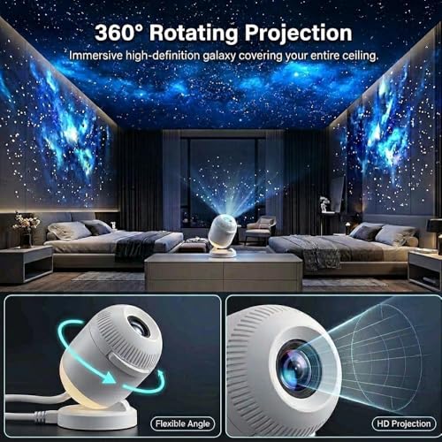 Galaxy Star Projector, 2-in-1 Night Light with 12 Pattern Films, USB Powered, Dimmable, 360° Adjustable, for Bedroom Ceiling Decor