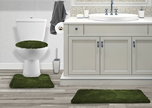 Mary 3 Piece Bathroom Rug Set, Luxury Soft Plush Shaggy Thick Fluffy Microfiber Bath Mat, Countour Rug, Toilet Seat Lid Cover, Non-Slip Rubber Back, Floor Mats Water Absorbent (Olive)